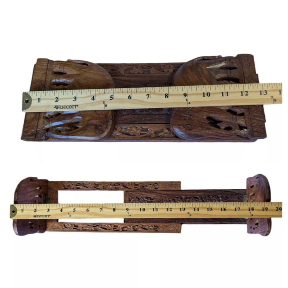 Vtg Ornate Handcarved Elephant Wood Slide Expandable Bookrack Ends Shelf India - Picture 13 of 16